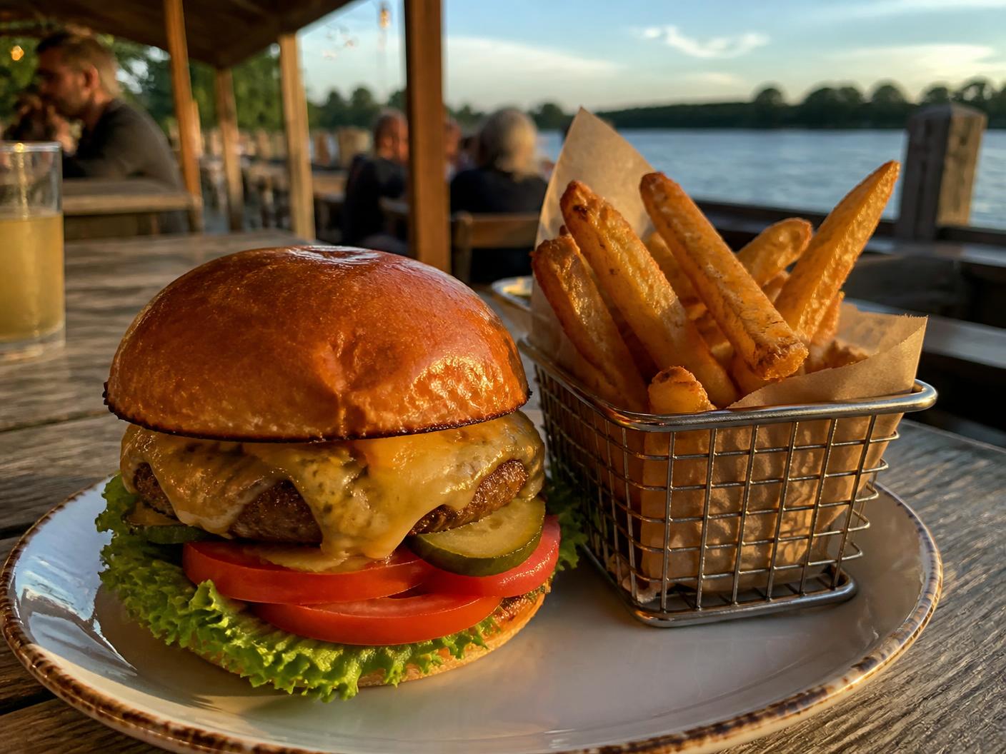 Cheeseburger and fries on the deck