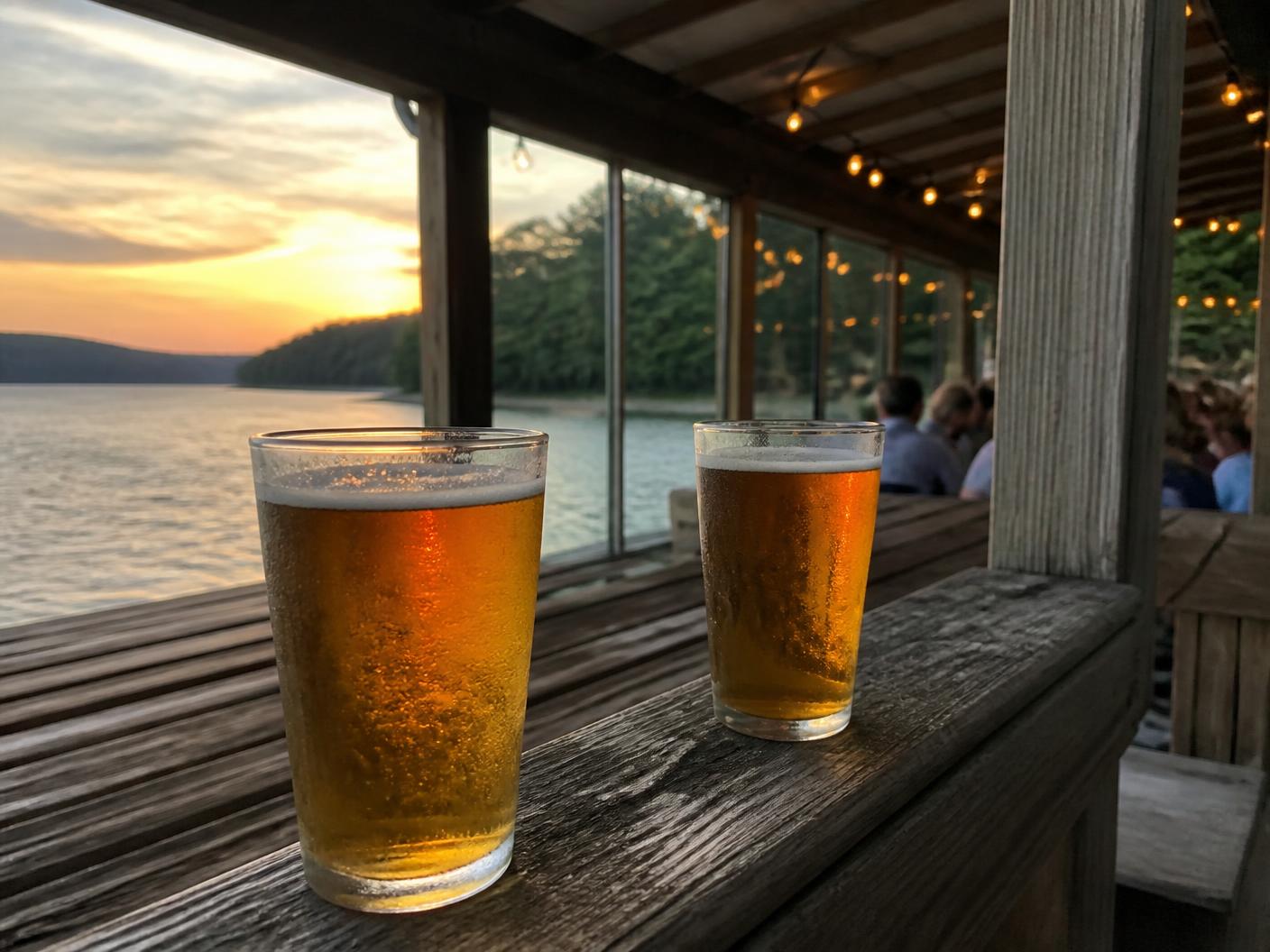 Two cold beers overlooking the water at sunset