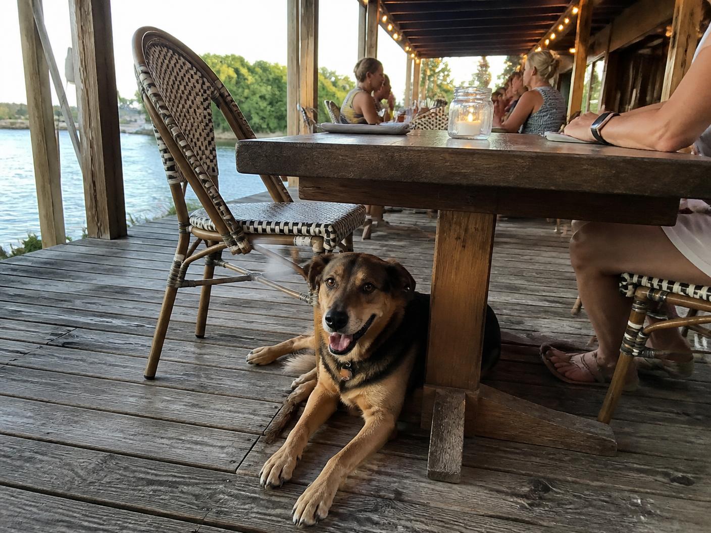 A dog relaxing beneath a patio table by the water